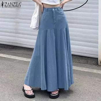 ZANZEA женские повседневные свободные юбки длиной до щиколотки из синего денима M чёрный