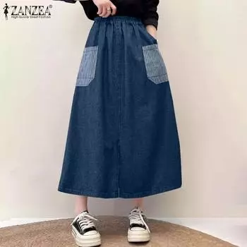 ZANZEA Женские повседневные свободные юбки из денима в стиле пэчворк с эластичной резинкой на талии S чёрный
