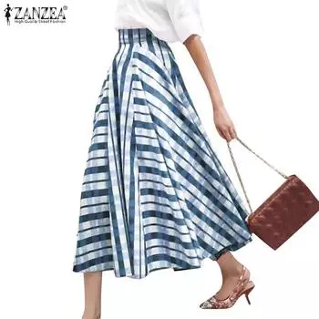 ZANZEA Женские повседневные свободные юбки с высокой талией и принтом в клетку S зелёный