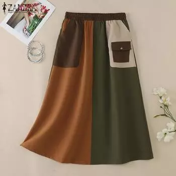 ZANZEA Женские повседневные свободные юбки в стиле пэчворк с эластичной талией 2XL темно-синий