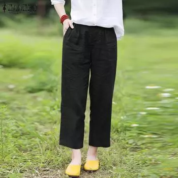 ZANZEA Женские повседневные свободные укороченные брюки с эластичной резинкой на талии XL чёрный