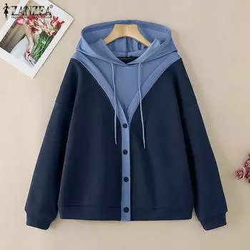 ZANZEA Женские повседневные толстовки с длинным рукавом в стиле пэчворк S чёрный