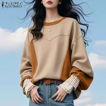 ZANZEA Женские повседневные толстовки с длинным рукавом в стиле колор-блок S хаки