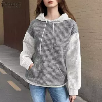 ZANZEA Женские повседневные толстовки с длинным рукавом в стиле пэчворк S чёрный