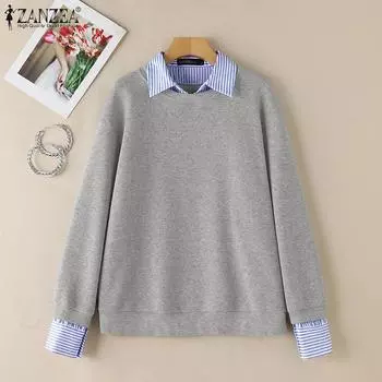 ZANZEA Женские повседневные толстовки с длинным рукавом в полоску в стиле пэчворк S темно-синий