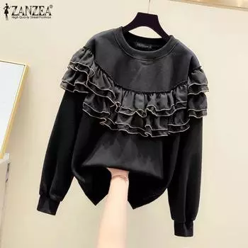 ZANZEA Женские повседневные толстовки с круглым вырезом и длинными рукавами с оборками S чёрный