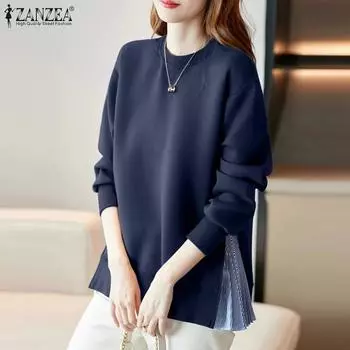 ZANZEA Женские повседневные толстовки с круглым вырезом и длинным рукавом в стиле пэчворк 4XL темно-синий