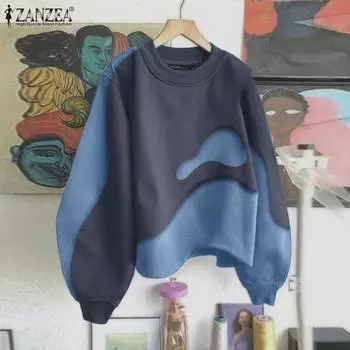 ZANZEA Женские повседневные толстовки с круглым вырезом и длинным рукавом с контрастными цветами S чёрный