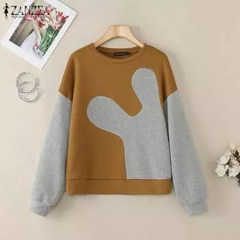 ZANZEA Женские повседневные толстовки с круглым вырезом и длинным рукавом в стиле пэчворк M чёрный