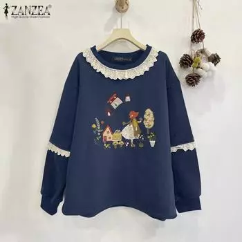 ZANZEA Женские повседневные толстовки с круглым вырезом и длинным рукавом с принтом в стиле пэчворк S темно-синий