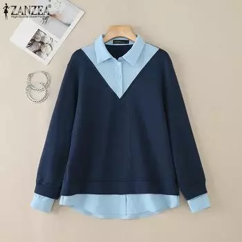 ZANZEA Женские повседневные толстовки с отложным воротником и длинным рукавом в стиле пэчворк M чёрный