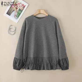 ZANZEA Женские повседневные толстовки-свитшоты с круглым вырезом и длинным рукавом в стиле пэчворк S темно-серого