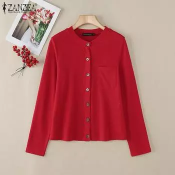 ZANZEA Женские повседневные тонкие кардиганы с круглым вырезом и длинным рукавом M красный