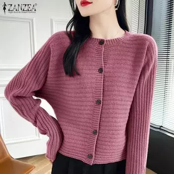 ZANZEA Женская повседневная блузка с круглым вырезом и длинным рукавом, тонкие кардиганы S чёрный