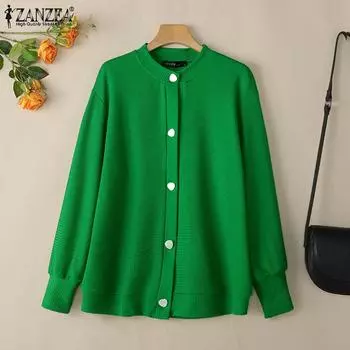 ZANZEA Женские повседневные тонкие кардиганы с круглым вырезом и длинным рукавом L чёрный