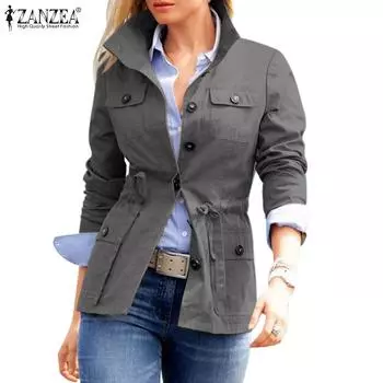 ZANZEA Женские повседневные тонкие куртки-кардиганы с воротником и длинными рукавами 4XL темно-зеленого