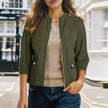 ZANZEA Женские повседневные тонкие куртки с длинным рукавом на молнии S зелёный