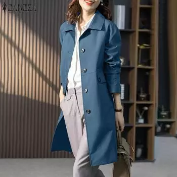 ZANZEA Женские повседневные тонкие тренчи с длинным рукавом и декоративным карманом и воротником-клапаном S чёрный