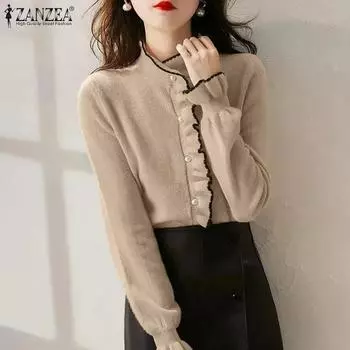 ZANZEA Женские повседневные тонкие вязаные кардиганы с воротником-стойкой и длинным рукавом S чёрный