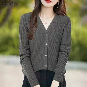 ZANZEA Женские повседневные тонкие вязаные кардиганы с V-образным вырезом и длинным рукавом S серый
