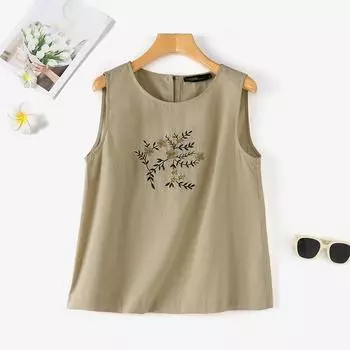 ZANZEA Женские повседневные топы без рукавов с круглым вырезом и вышивкой 4XL хаки