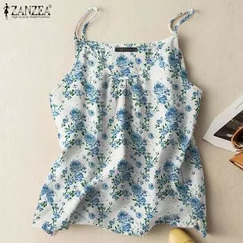 ZANZEA Женские повседневные топы без рукавов с круглым вырезом и цветочным принтом S жёлтый