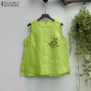 ZANZEA Женские повседневные топы без рукавов с круглым вырезом и цветочной вышивкой S белый