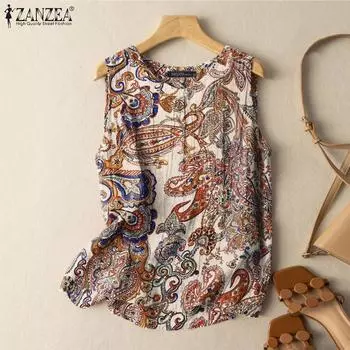 ZANZEA Женские повседневные топы без рукавов с круглым вырезом и ретро-принтом S хаки