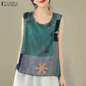 ZANZEA Женские повседневные топы без рукавов с круглым вырезом и принтом S зелёный