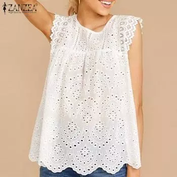 ZANZEA Женские повседневные топы без рукавов с круглым вырезом и кружевом, связанные крючком S белый