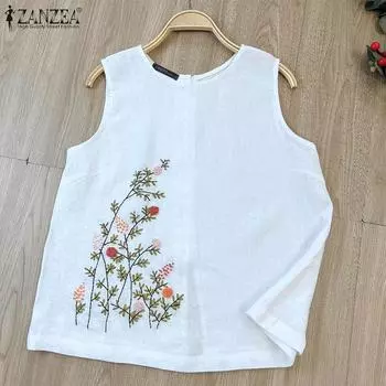 ZANZEA Женские повседневные топы без рукавов с цветочной вышивкой и круглым вырезом 4XL белый