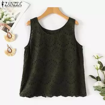 ZANZEA Женские повседневные топы без рукавов с круглым вырезом и ажурным кружевом 4XL темно-зеленого