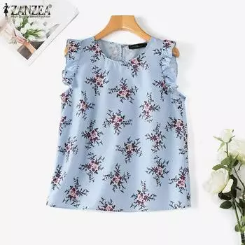 ZANZEA Женские повседневные топы без рукавов с цветочным принтом и круглым вырезом S зелёный