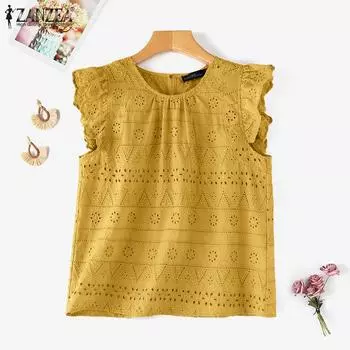 ZANZEA Женские повседневные топы без рукавов с круглым вырезом и ажурным кружевом 3XL жёлтый
