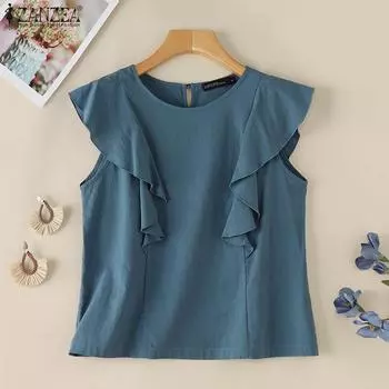 ZANZEA Женские повседневные топы без рукавов с оборками и круглым вырезом, летние майки 5XL жёлтый