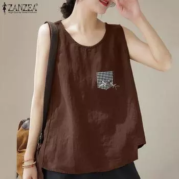 ZANZEA Женские повседневные топы без рукавов с круглым вырезом в сетку в стиле пэчворк на лето M чёрный