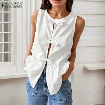 ZANZEA Женские повседневные топы без рукавов со шнуровкой и круглым вырезом на лето S бежевый