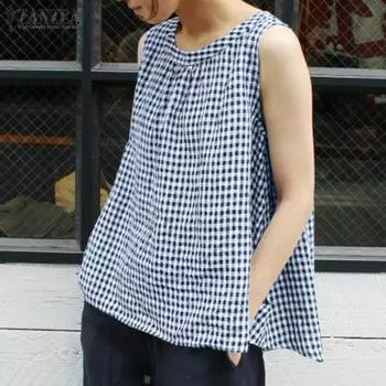 ZANZEA Женские повседневные топы без рукавов в клетку с круглым вырезом и принтом S красный