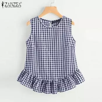 ZANZEA Женские повседневные топы без рукавов в клетку с круглым вырезом и принтом 2XL