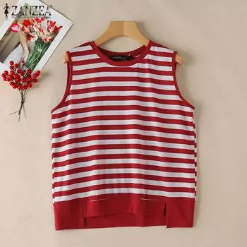 ZANZEA Женские повседневные топы без рукавов в полоску с круглым вырезом 4XL синий