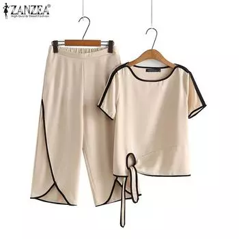 ZANZEA Женские повседневные топы и брюки контрастного цвета с круглым вырезом и коротким рукавом с полым галстуком S чёрный