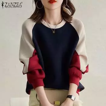 ZANZEA Женские повседневные топы-пуловеры с длинным рукавом и о-образным вырезом в стиле пэчворк S красный