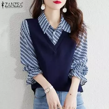 ZANZEA Женские повседневные топы-пуловеры с длинным рукавом и отложным воротником в стиле пэчворк S чёрный