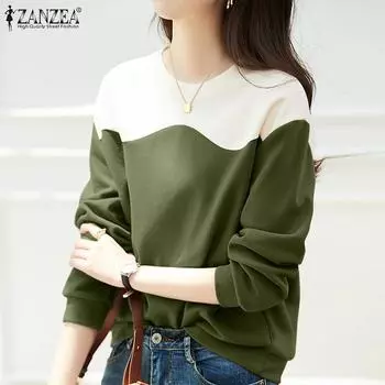 ZANZEA Женские повседневные топы с длинным рукавом в стиле пэчворк S зелёный