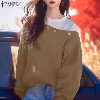 ZANZEA Женские повседневные топы с длинным рукавом в стиле пэчворк S темно-синий