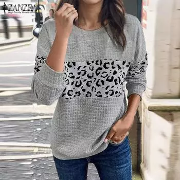 ZANZEA Женские повседневные топы с длинным рукавом и леопардовым принтом в стиле пэчворк S вино красного