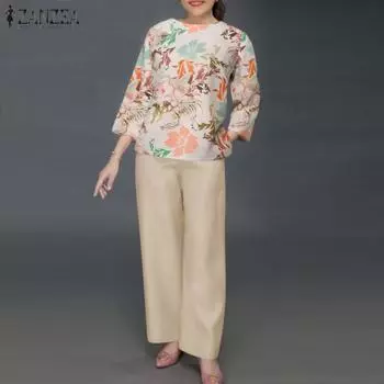 ZANZEA Женские повседневные комплекты из топов и брюк с круглым вырезом и рукавом 3/4 с цветочным принтом M зелёный