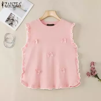 ZANZEA Женские повседневные топы с круглым вырезом без рукавов и бантами S синий