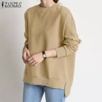 ZANZEA Женские повседневные топы с круглым вырезом и длинными рукавами на осень S серый