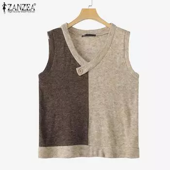 ZANZEA Женские повседневные топы-безрукавки с V-образным вырезом в стиле пэчворк 4XL хаки